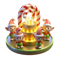 Festive Elves, Candy Cane, and Illuminated Cake A 3D Christmas Scene png