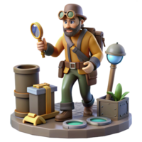 3D Render of an Adventurer with Magnifying Glass Exploring a Mysterious Location png