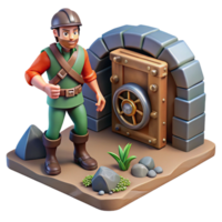 Cartoon Miner Exploring Stone Vault with Treasure png