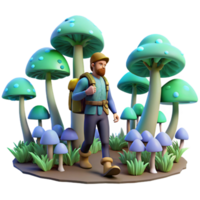 3D Render of Hiker Exploring a Magical Mushroom Forest png