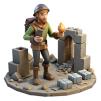 3d render do aventureiro explorando ruínas com tocha png