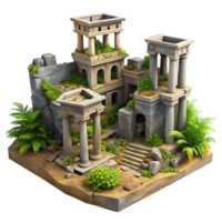Overgrown Ancient Ruins A 3D Model of Stone Structures, Pillars, and Lush Greenery png