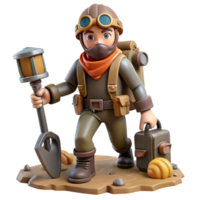 3D Render of an Adventurer with Lantern and Shovel png
