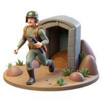 3D Render of Soldier Running Towards Bunker png