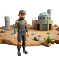 3D Render of Astronaut on Desert Planet near Futuristic Structure png