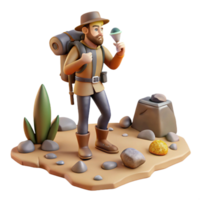 3D Render of Adventurer Exploring Rocky Terrain, Discovering a Gemstone png