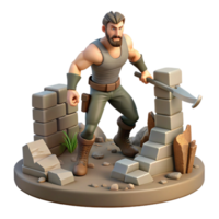 3D Render of a Muscular Adventurer Demolishing Stone Blocks with a Pickaxe png