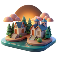 Sunset Village 3D Render of Charming Houses and Trees png