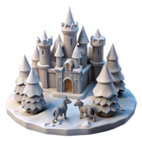 Winter Castle Scene 3D Render of a Fairytale Castle with Snowy Trees and Animals png