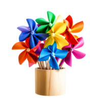 Colorful Decorative Pinwheels in a Wooden Pot for Playful Vibes png