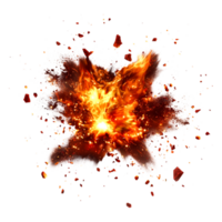 Intense Explosion with Bright Flames and Flying Debris in Dark Background png