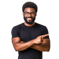 Smiling Man with Glasses Pointing to the Side with Confidence png