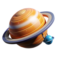 Striped Planet with Ring System and Moon 3D Render png