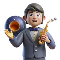 3D Render of Boy in Tuxedo Playing Saxophone with Celestial Orb png