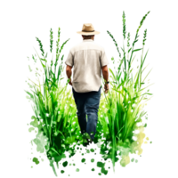 Man Walking Through Lush Green Grass in a Sunny Landscape Scene png