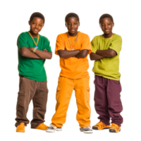 Group of Three Young Boys in Colorful Casual Outfits Posing Together png
