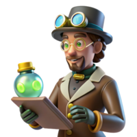 3D Render of a Steampunk Scientist Examining a Glowing Potion png