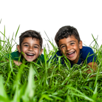 Happy children playing in green grass with bright smiles and joy png
