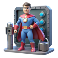 Superhero guarding a vault with security system png