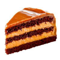Delicious Chocolate Cake Slice with Creamy Caramel Topping png