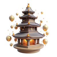 3D Render of Illuminated Pagoda with Golden Spheres png