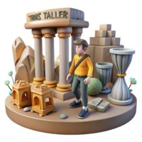3D Render of a Person Exploring an Ancient Temple with Columns and Urns png