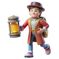 3D Render of Adventurer with Lantern and Backpack png