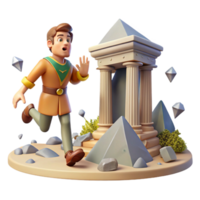 3D Render of a Running Cartoon Character Approaching Ancient Ruins png
