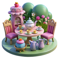 Enchanted Garden Tea Party 3D Render of Whimsical Tea Set and Furniture png