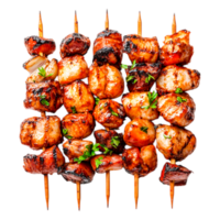 Grilled Skewers of Meat and Vegetables on Sticks with Garnish png