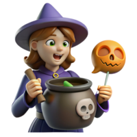3D Render of a Witch Stirring a Cauldron with a Halloween Candy png