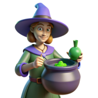 Cartoon Witch Brewing Potion 3D Render of a whimsical sorceress with a cauldron and potion bottle png
