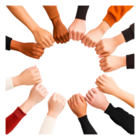 Diverse Hands Collaborating in a Circle Symbolizing Unity and Teamwork png
