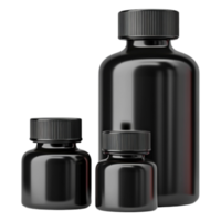 Three Stylish Black Bottles with Screw Tops on a png