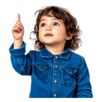 Curious Child Pointing Upward in Denim Jacket with Happy Expression png