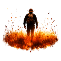 Man in Hat Walking Through Flames Surrounded by Nature and Ashes png