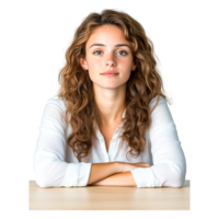 Young Woman with Curly Hair Sitting at a Table with Serious Expression png