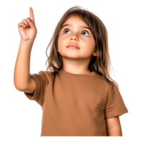 Young Child Pointing Upwards with Curiosity and Wonder in Brown Shirt png