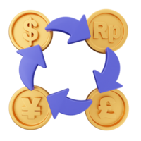 Currency exchange concept with three coins and a symbol of money png