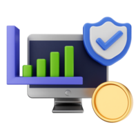 A computer monitor with a shield, gold coin and bar graph png