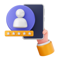 Hand holding phone with user icon and rating icon png