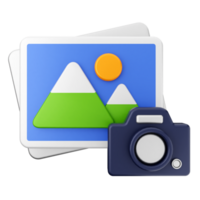 A camera and a photo with mountains and a sun png