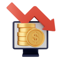 A computer screen with a red arrow pointing down and a stack of gold coins png