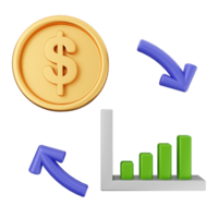 A dollar coin, a bar graph and an arrow pointing to the right png