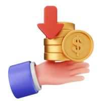 A hand holding stacks of coins with an arrow pointing down png