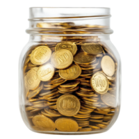 Golden Coins in jar on transparent background. png