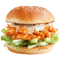 Buffalo Chicken Sandwich Close Up on transparent background. png