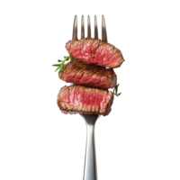 Beef Steak Slices on Fork on transparent background. png