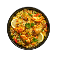 Tasty biryani with lemon slices in a black pan isolated on transparent background png