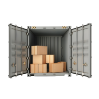 Open shipping container with cardboard boxes inside isolated on transparent background png